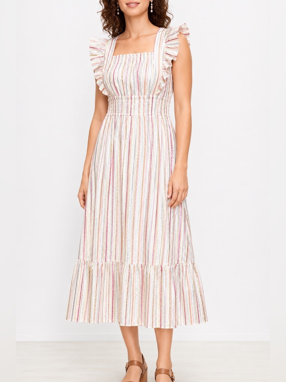 Loft metallic stripes flutter sleeve midi dress, size 0